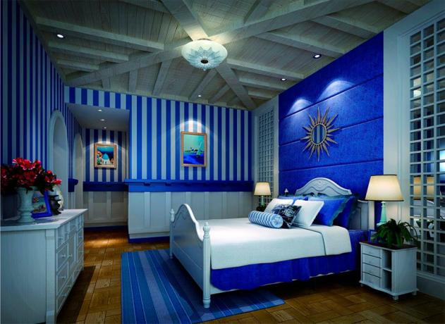 صورة لغرفة نوم بلون أزرق واحد في جميع أنحاء الغرفة