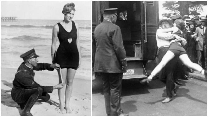 المرأة في "غير لائقة" بلباس البحر يجب القبض! (ث 1920، USA). 