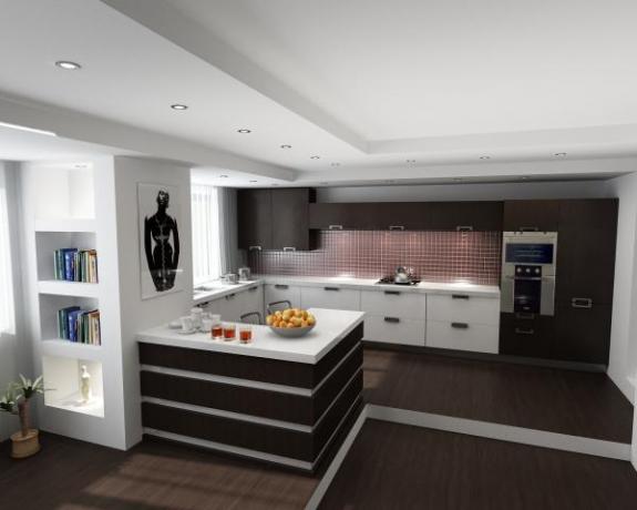 ينتشر استخدام الأساليب الحديثة في التصميم الداخلي للمطبخ وغرفة المعيشة.