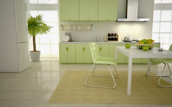 خلفية بيضاء للمطبخ الأخضر ، سوف تؤكد بشكل إيجابي على حنان ظلال الضوء من المساحات الخضراء